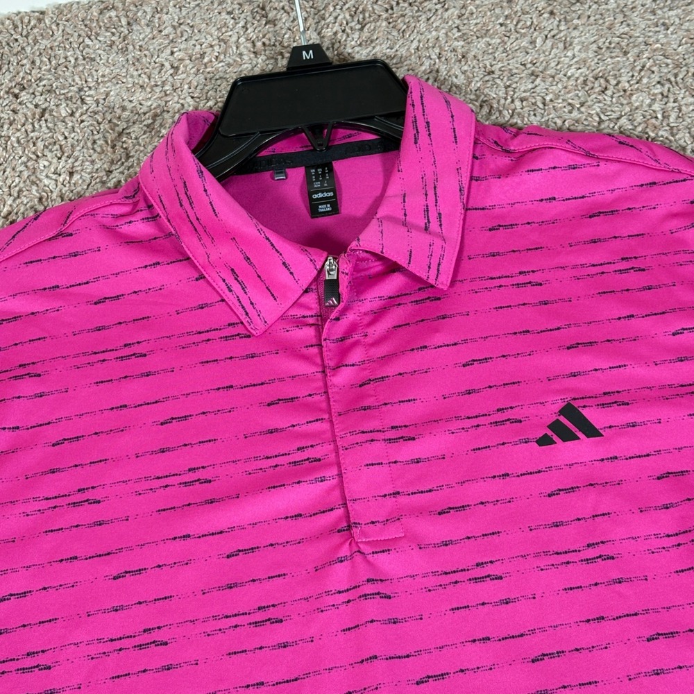Adidas Mens Pink Black Striped Quarter Zip Short Sleeve Golf Polo Shirt Size M